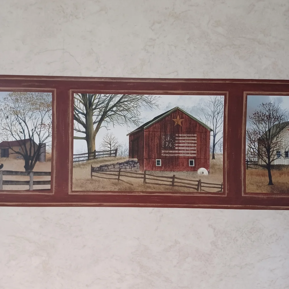 Wallpaper Border Country Farmhouse & Barn Scenes - Red